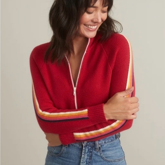 Marine Layer half zip sweater XS red with colorful stripes on sleeves - Picture 1 of 11